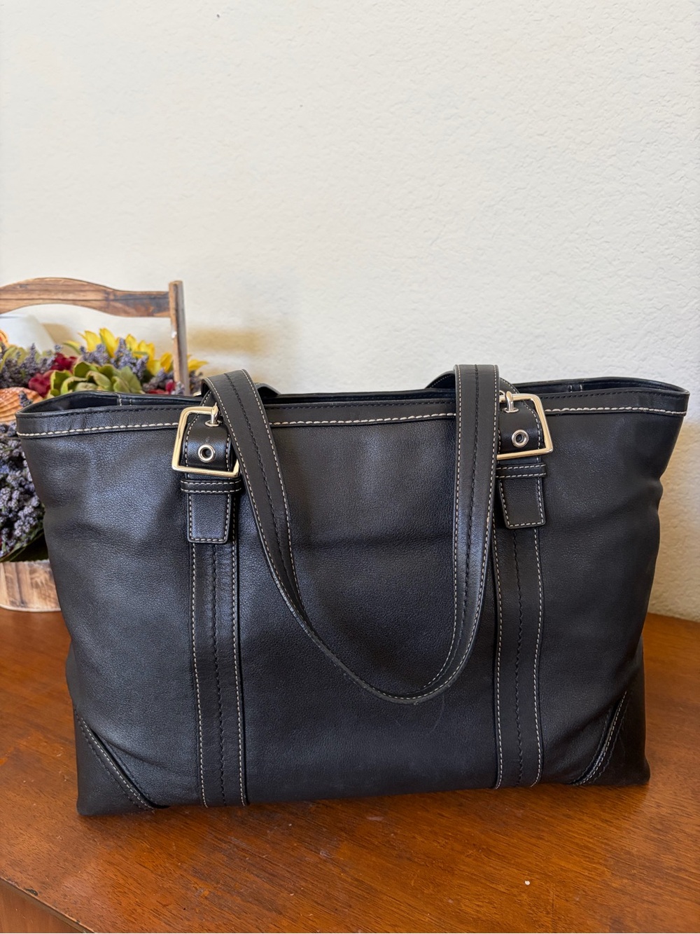 Coach XL HAMPTON Blk Leather Travel Tote. #f12609